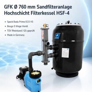 GFK &Oslash; 760 mm Sandfilteranlage Hochschicht Filterkessel HSF-4 | Besgo 5 Wege Ventil | Speck Poolpumpe Badu Prime ECO VS
