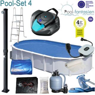 Haiti Gre Ovalbecken-Set, Stahlwand wei&szlig;, 610 x 375 x 132 Set 4: + Sommer-/ Winterabdeckung + Reinigungs-Set + Solardusche + Poolroboter