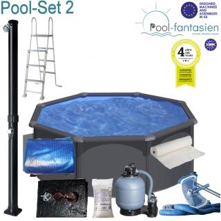 Anthrazit Rundbecken-Set mit Anthrazitoptik &Oslash; 350 x120 cm, Set 2 Sommerplane/ Winterabdeckung + Reinigungs-Set +Solardusche
